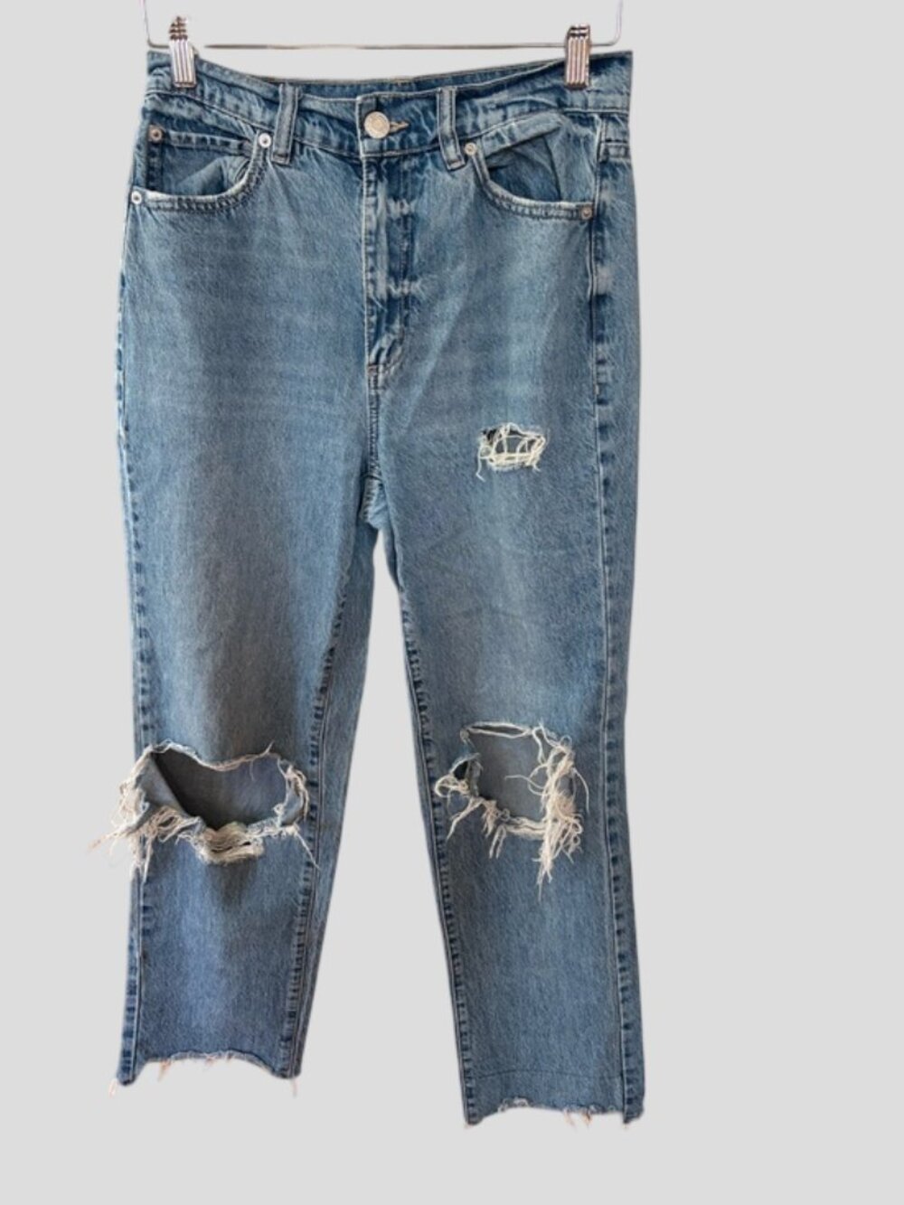 Garage Distressed High Rise Blue Denim Jeans - Classic Ripped Style - Picture 2 of 14
